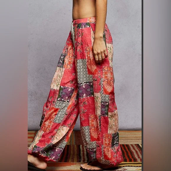 P80. NEW POL Boho Patchwork Wide-Leg Pant Relaxed Fit Jogger Floral Detail - Picture 5 of 7